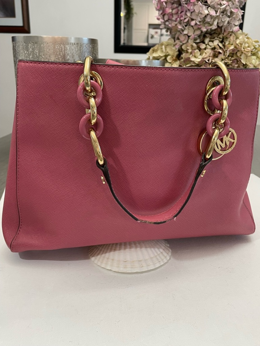 Michael Kors Rose Pink Saffiano Satchel with Gold Hardware